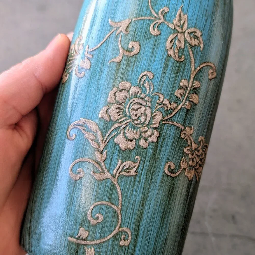 Vintage Teal Liquor Bottle Hand Painted Floral Ceramic Vase - Picture 3 of 9